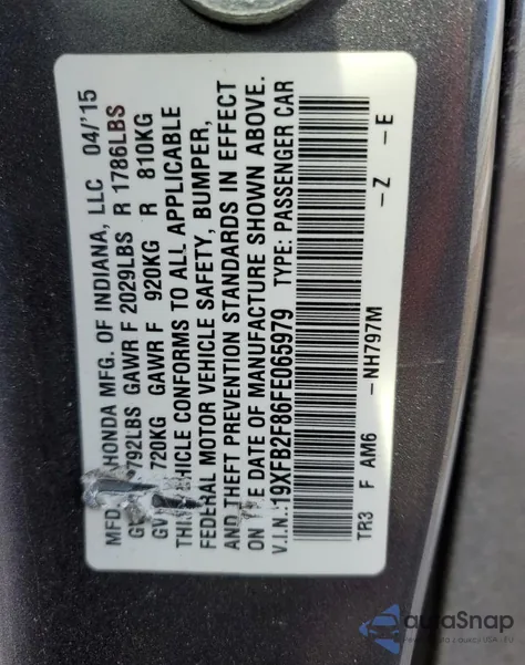 2015 Honda Civic Ex from USA, damaged, VIN 19XFB2F86FE065979